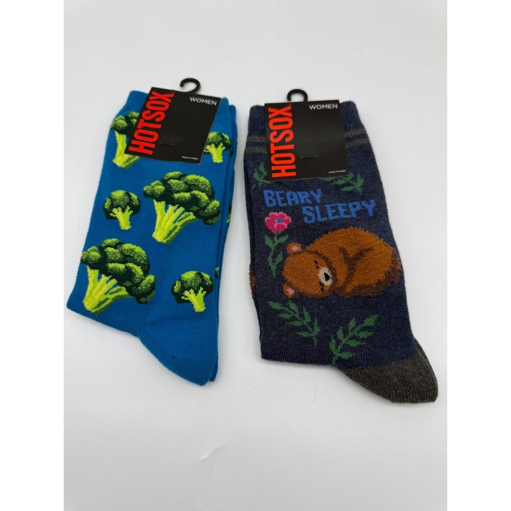 Hot Sox, tea "Broccoli" pattern and a navy "Beary Sleepy" pattern